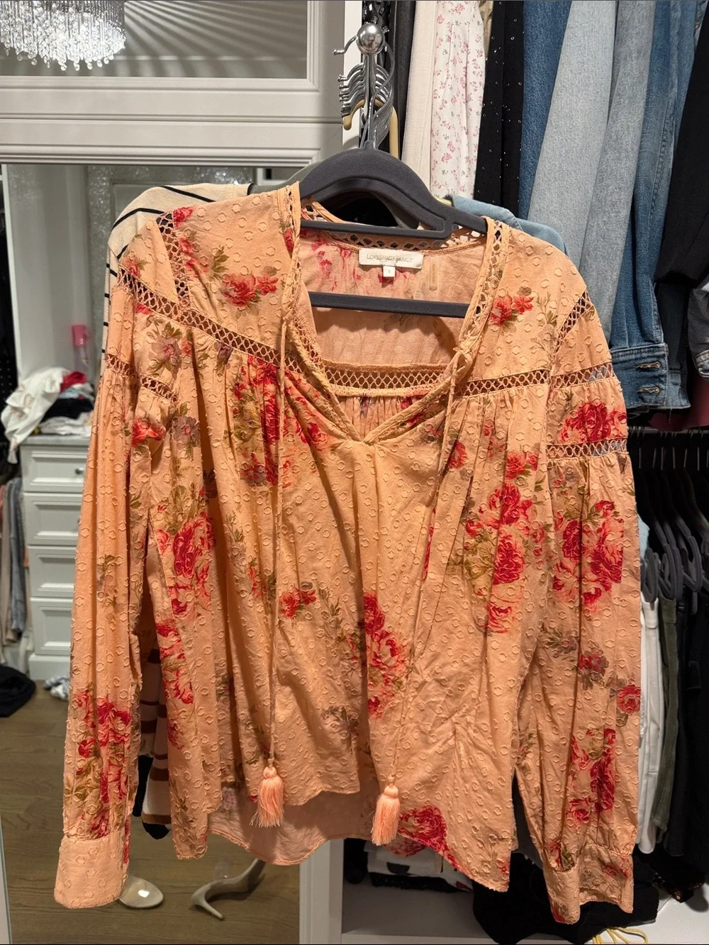 LoveShackFancy Peach Floral Peasant Blouse with Red Rose Accents